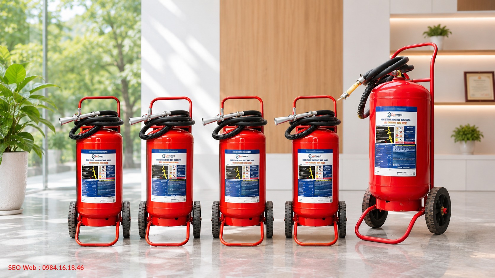 Bình chữa cháy bột ABC 35kg Bộ Quốc Phòng cần đầy đủ tem kiểm định theo quy định.