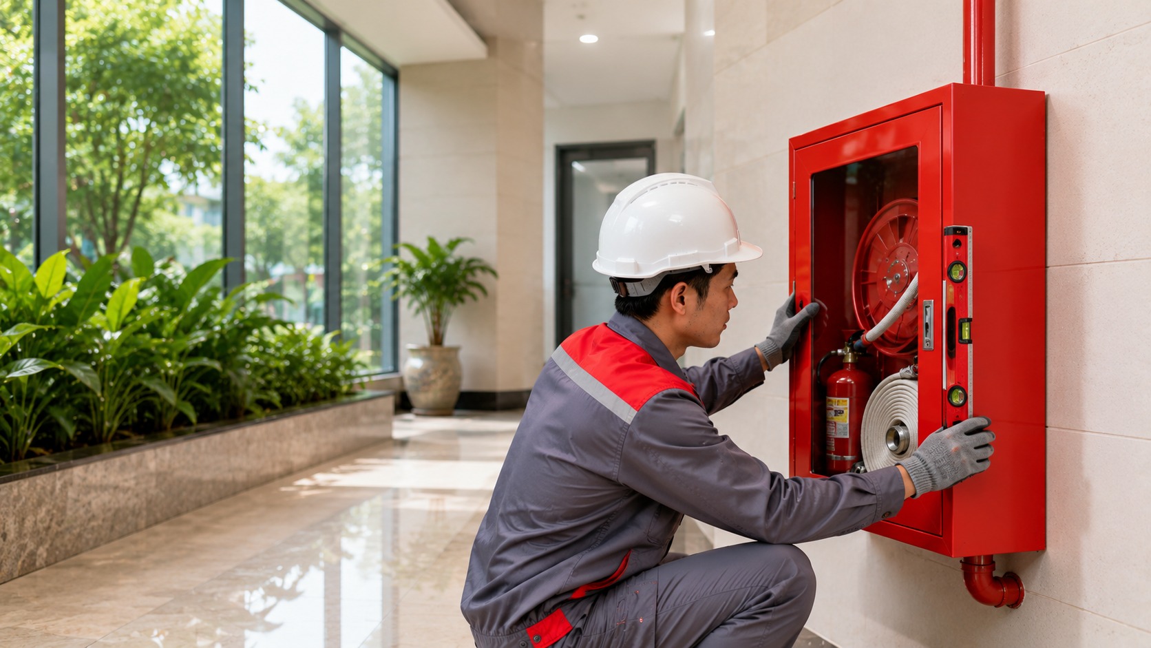 Cân chỉnh tủ chữa cháy ngay ngắn sau khi hoàn tất cố định