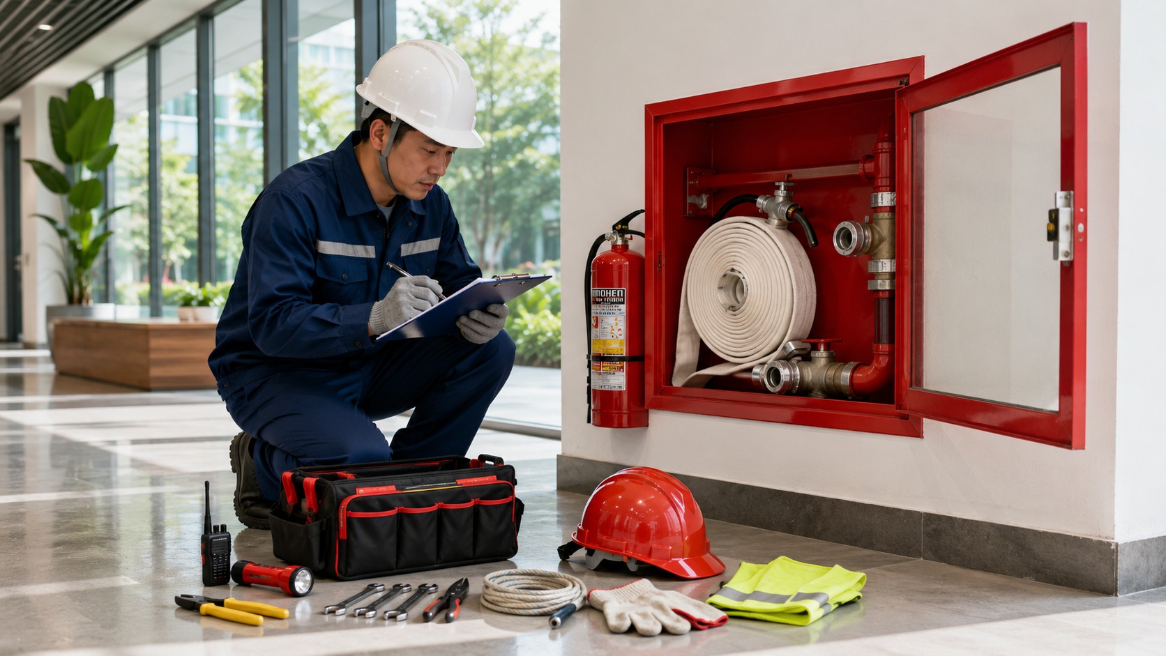 Chuẩn bị dụng cụ và khu vực trước khi thực hiện bảo trì tủ chữa cháy