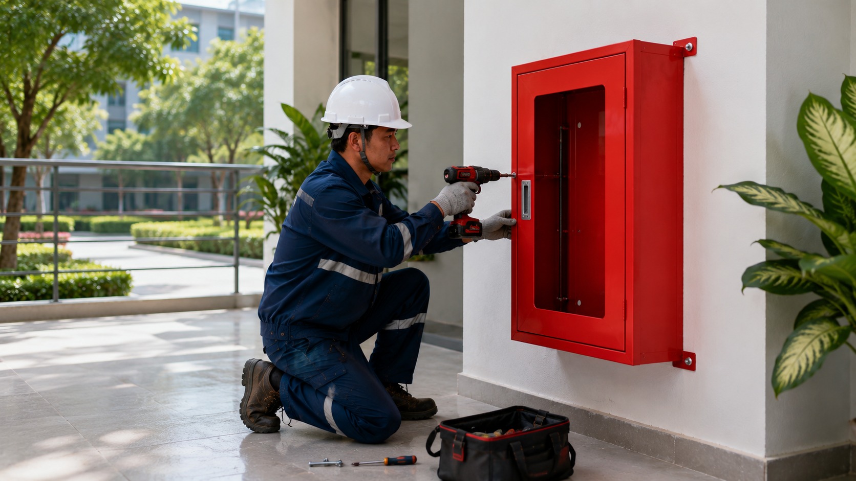 Cố định tủ chữa cháy bằng bulông và phụ kiện liên kết chắc chắn