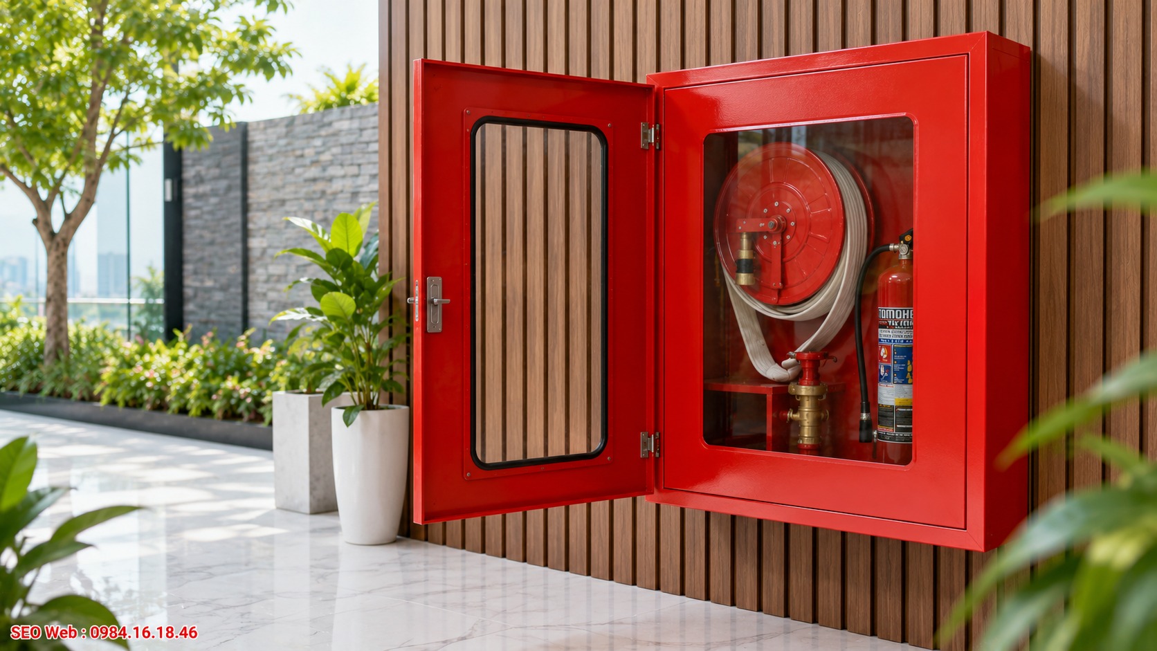 Cửa tủ và mặt kính bảo vệ giúp quan sát thiết bị chữa cháy bên trong
