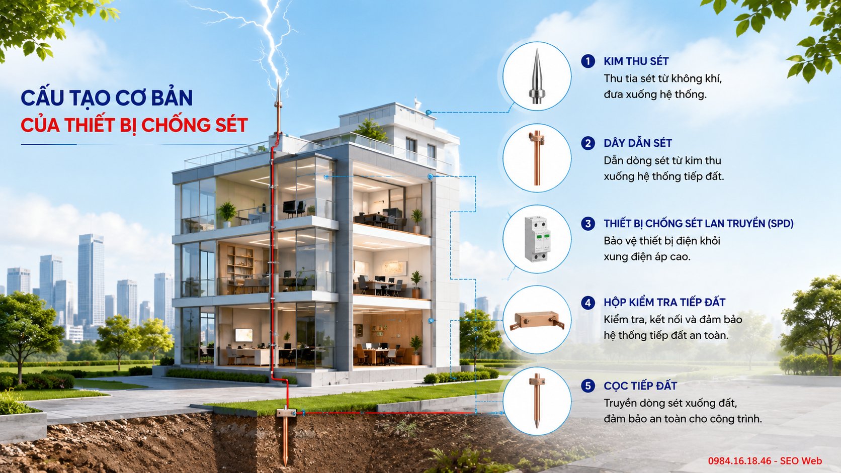 Dây dẫn và tiếp địa giúp phân tán năng lượng s&eacute;t an toàn