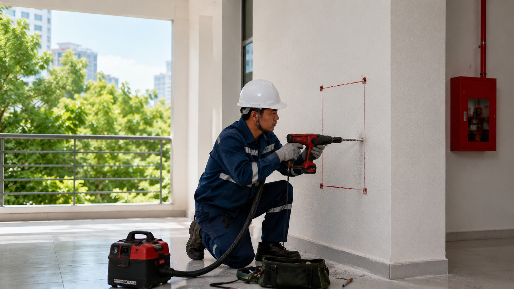Khoan lỗ đúng vị trí đánh dấu để cố định tủ chữa cháy chắc chắn