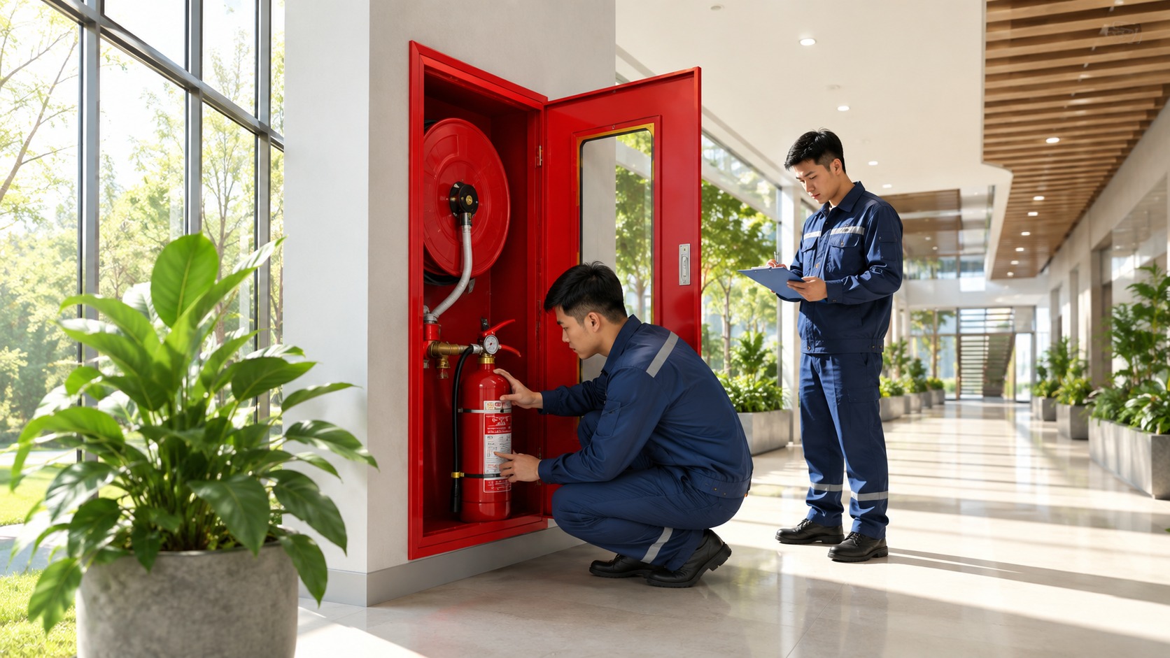 Kiểm tra bình chữa cháy trong tủ về áp suất, vỏ bình và phụ kiện