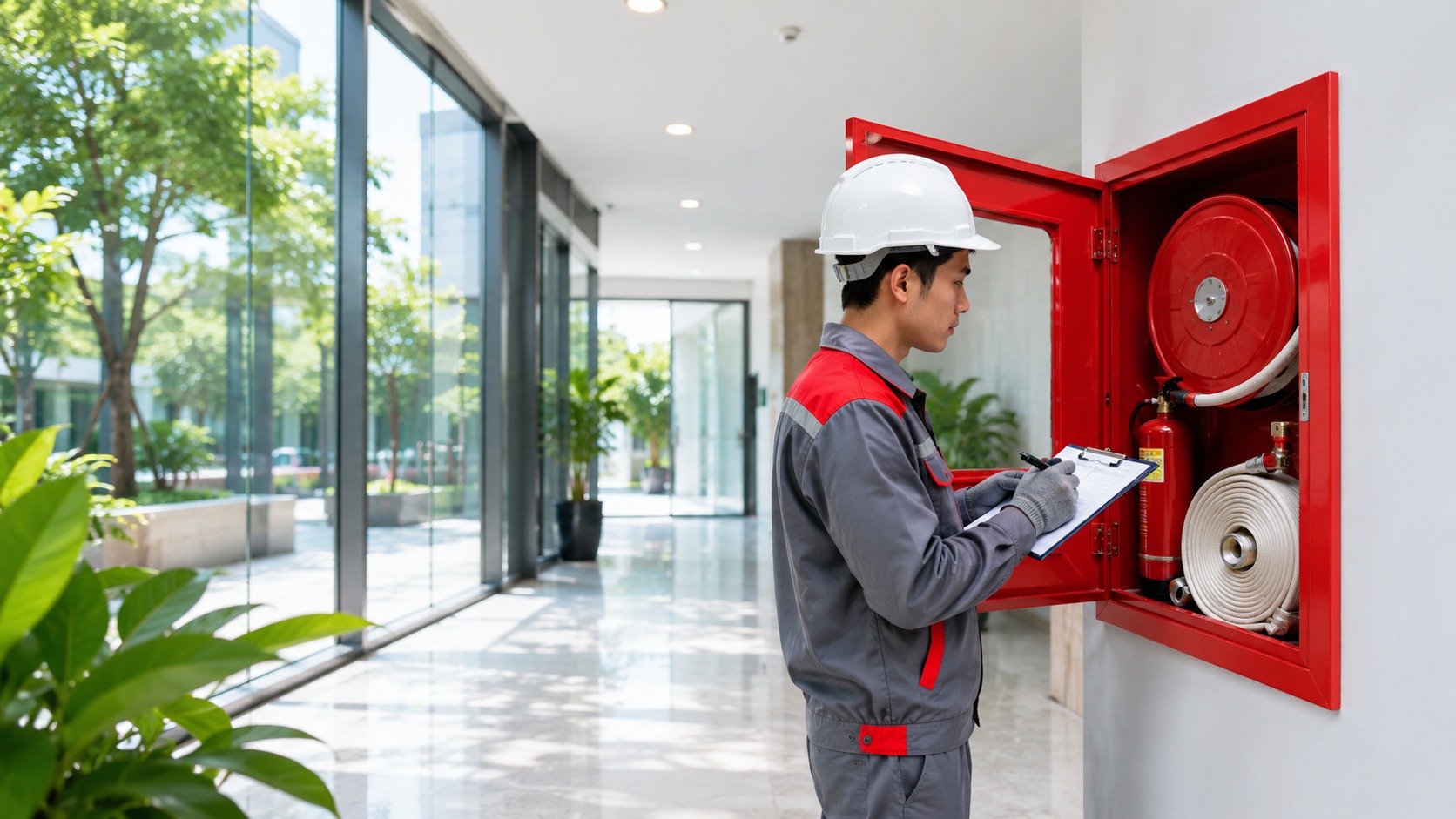 Kiểm tra các bộ phận tủ chữa cháy gồm cửa, khóa, kính và khung