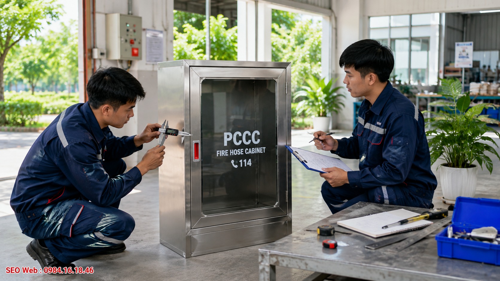 Kiểm tra độ dày vật liệu và chất lượng hoàn thiện của tủ chữa cháy