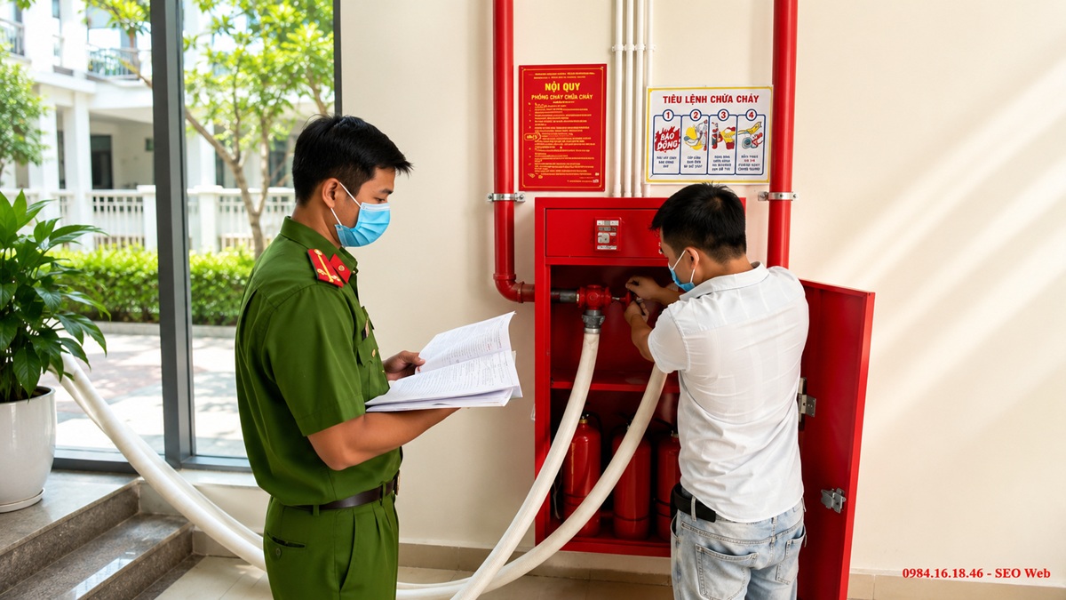 Kiểm tra bình, vòi, lăng phun và thiết bị bên trong tủ chữa cháy
