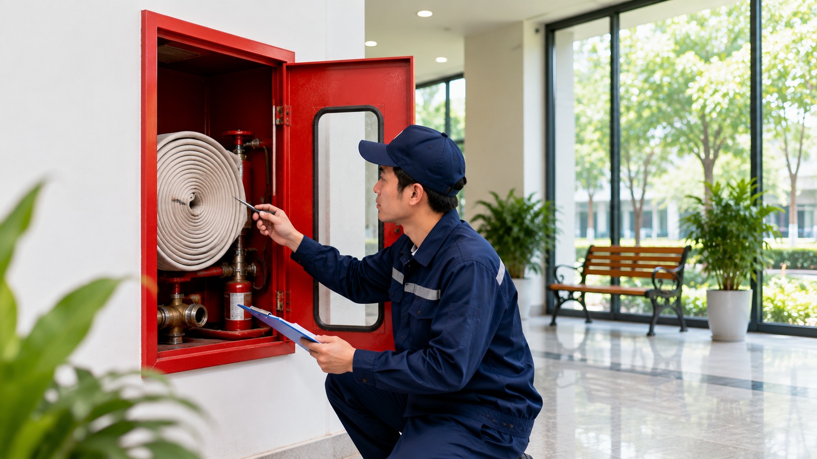 Kiểm tra tủ chữa cháy sau bảo trì nhằm đánh giá cửa, khóa và thiết bị bên trong
