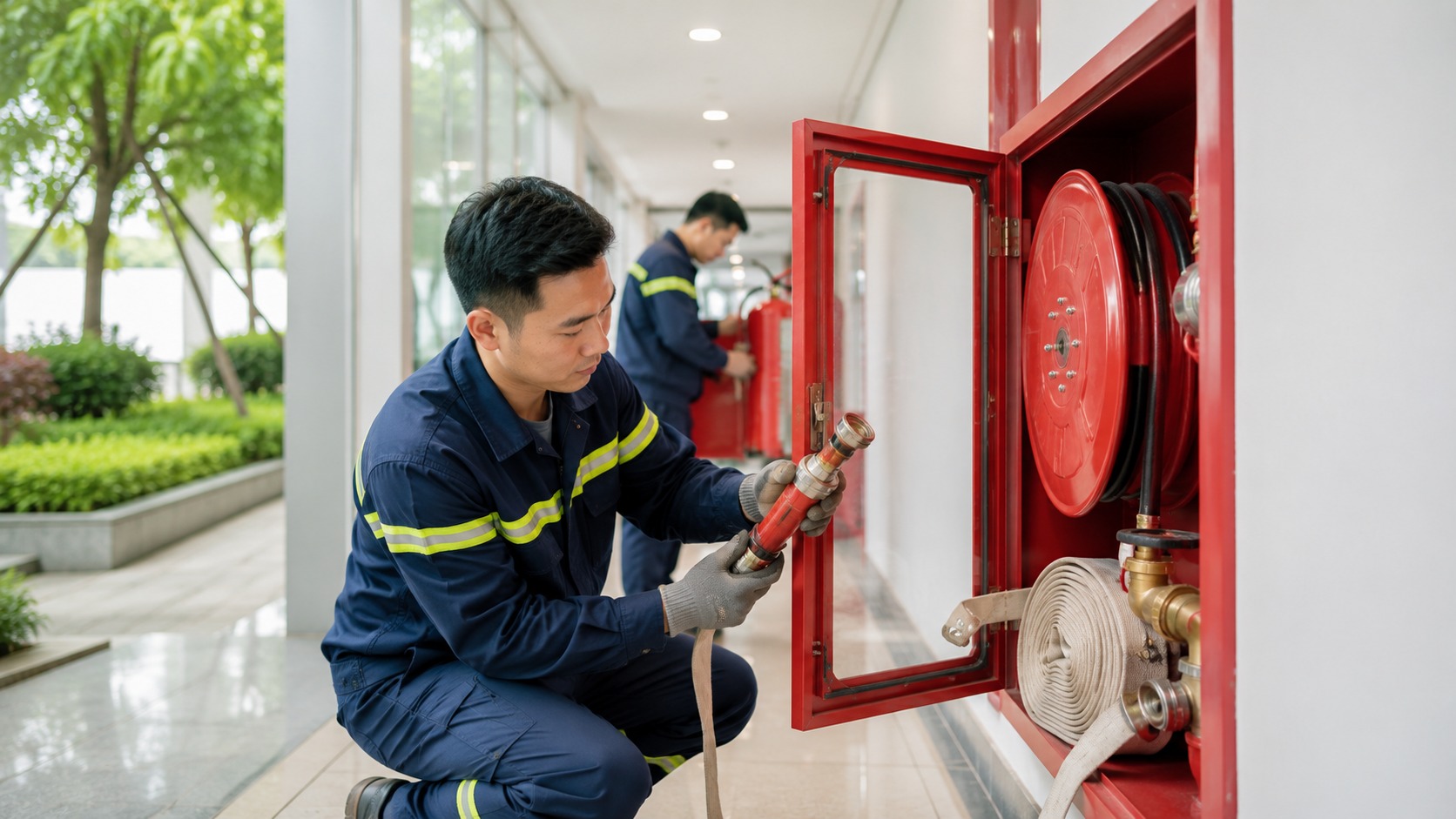 Kiểm tra vòi và lăng chữa cháy trong tủ về bề mặt, khớp nối