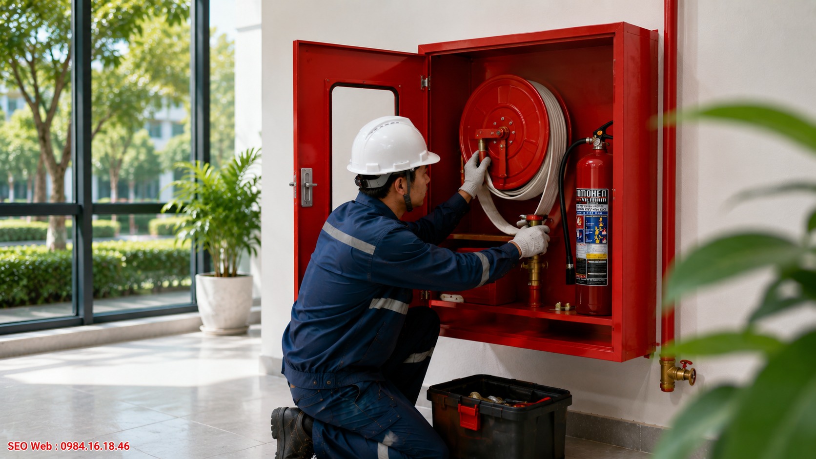 Sắp xếp vòi, lăng phun và van bên trong tủ chữa cháy