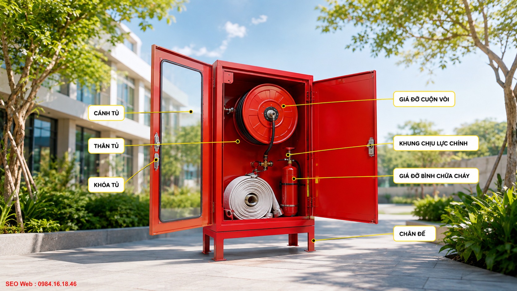 Thân tủ và khung chịu lực tạo kết cấu chắc chắn cho tủ chữa cháy