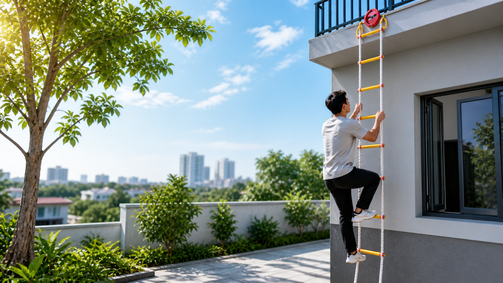 Cáp th&eacute;p chịu lực cao giúp thang dây thoát hiểm vận hành an toàn ổn định.