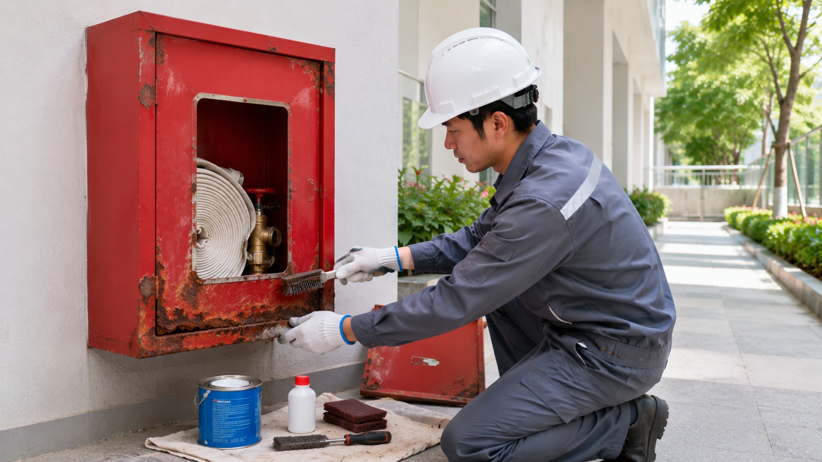 Xử lý han gỉ trên bề mặt tủ chữa cháy bằng làm sạch và sơn bảo vệ