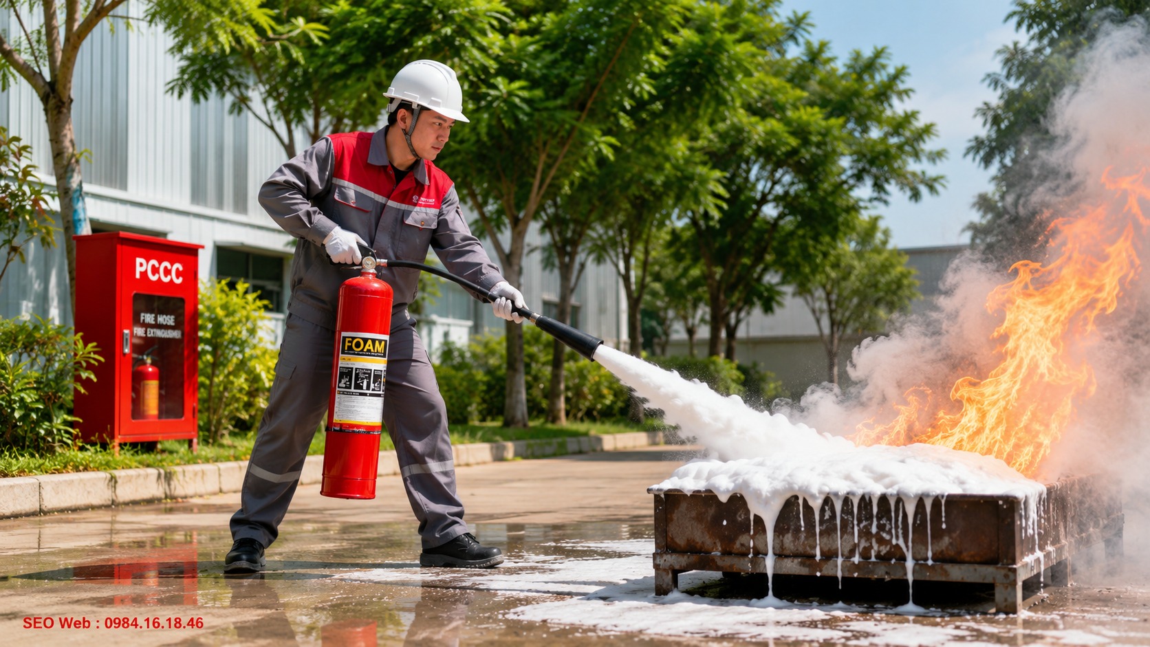 Cấu tạo bình chữa cháy foam gồm dung dịch, van và vòi tạo bọt Cấu tạo bình chữa cháy foam gồm dung dịch, van và vòi tạo bọt