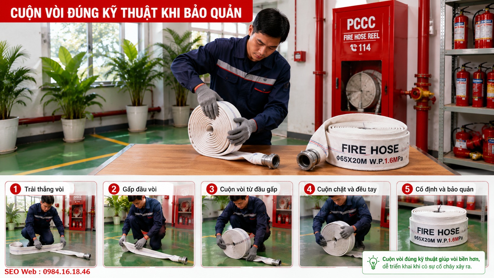 Cuộn vòi chữa cháy đúng kỹ thuật giúp hạn chế gấp khúc