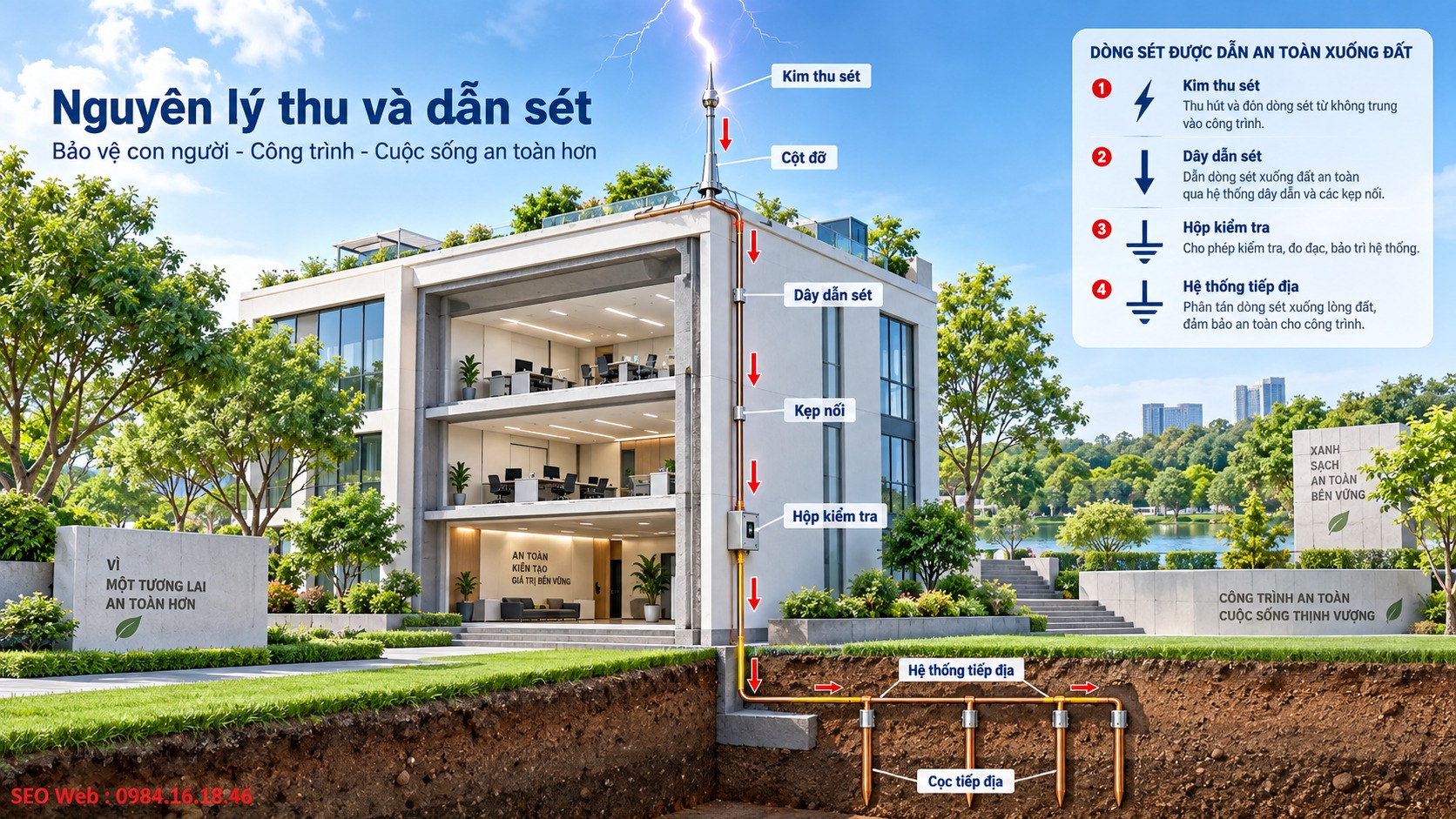 Kim thu sét tiếp nhận tia sét rồi dẫn năng lượng xuống đất Kim thu sét tiếp nhận tia sét rồi dẫn năng lượng xuống đất